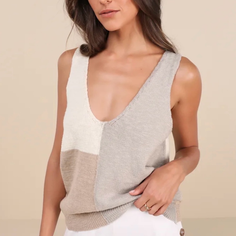 Lulu's Ivory and Grey Colorblock Knit Tank Size Small